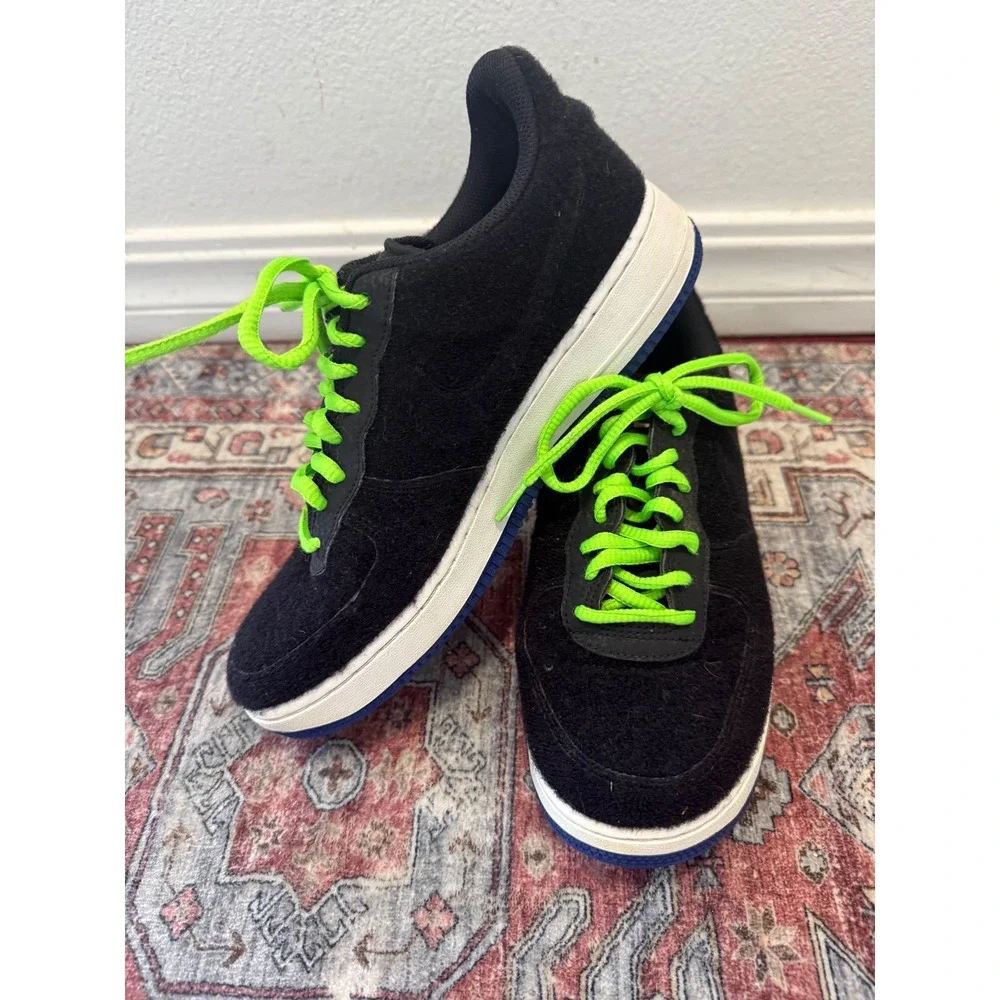 Nike Air Force 1 Low Black Fuzzy‎ Neon Green Laces Sneakers Shoes Men's 7.5